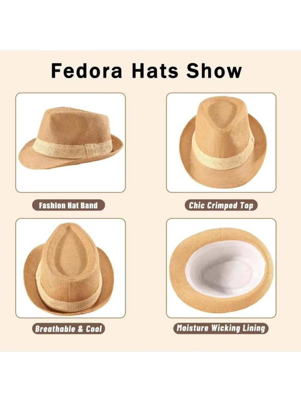 4 Pack Straw Fedora Hats for Men & Women - Classic Short Brim Panama Beach Hats